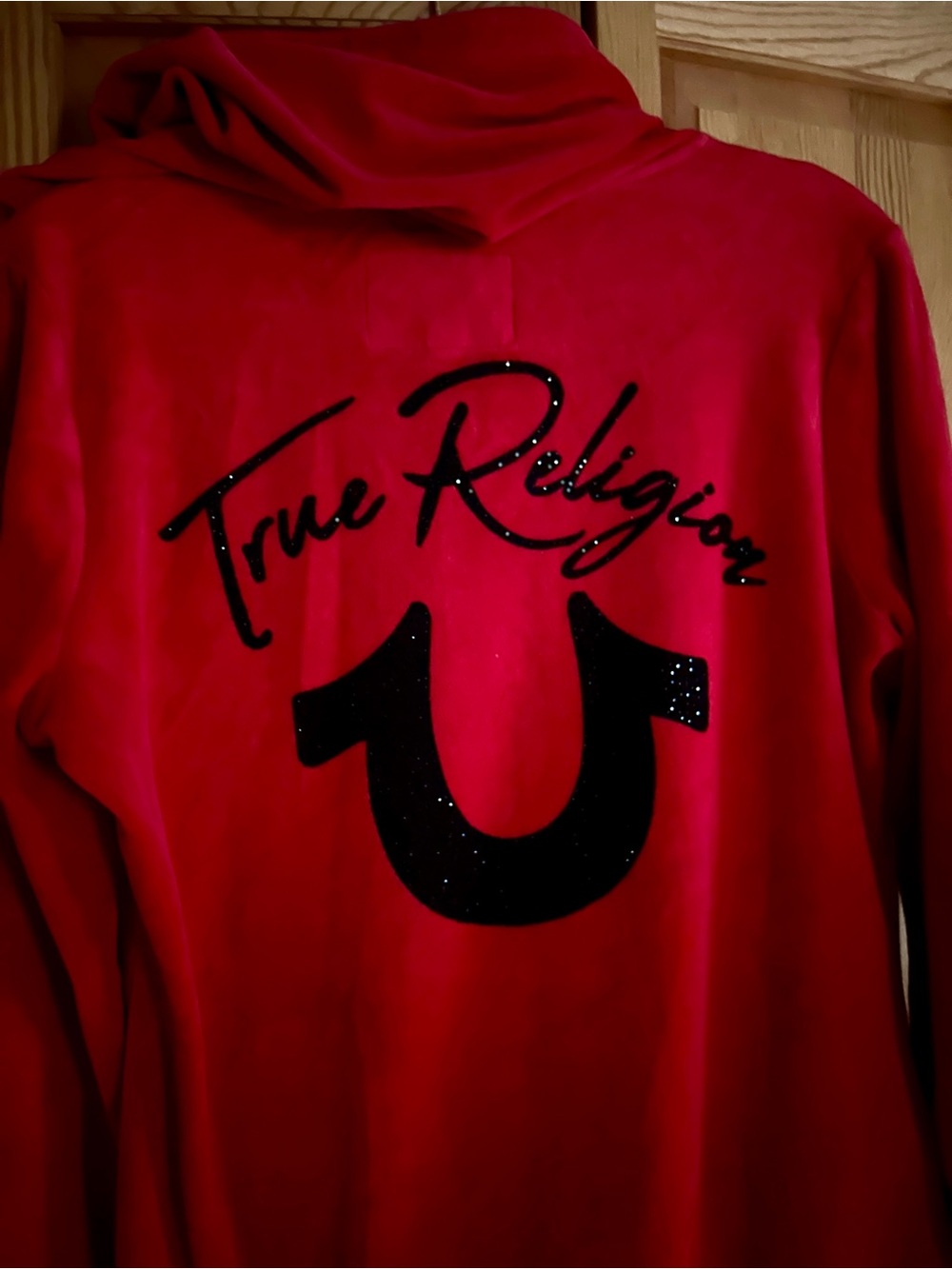 True Religion Womens Red Velour Zip-Up Hoodie with Logo